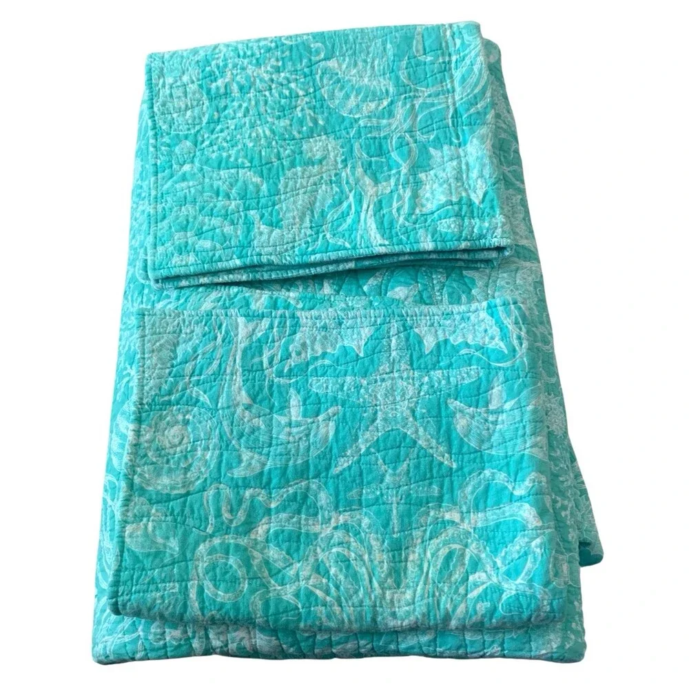 VTG Queen/Full Reversible Quilted Comforter Set Shams Teal/White Cottagecore Y2K